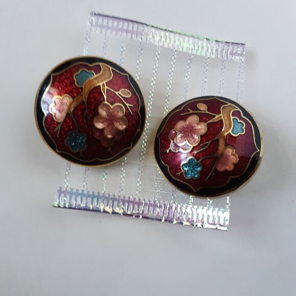 Vintage Floral Enamel Cloisonné Clip On Gold Tone Earrings - Picture 5 of 9